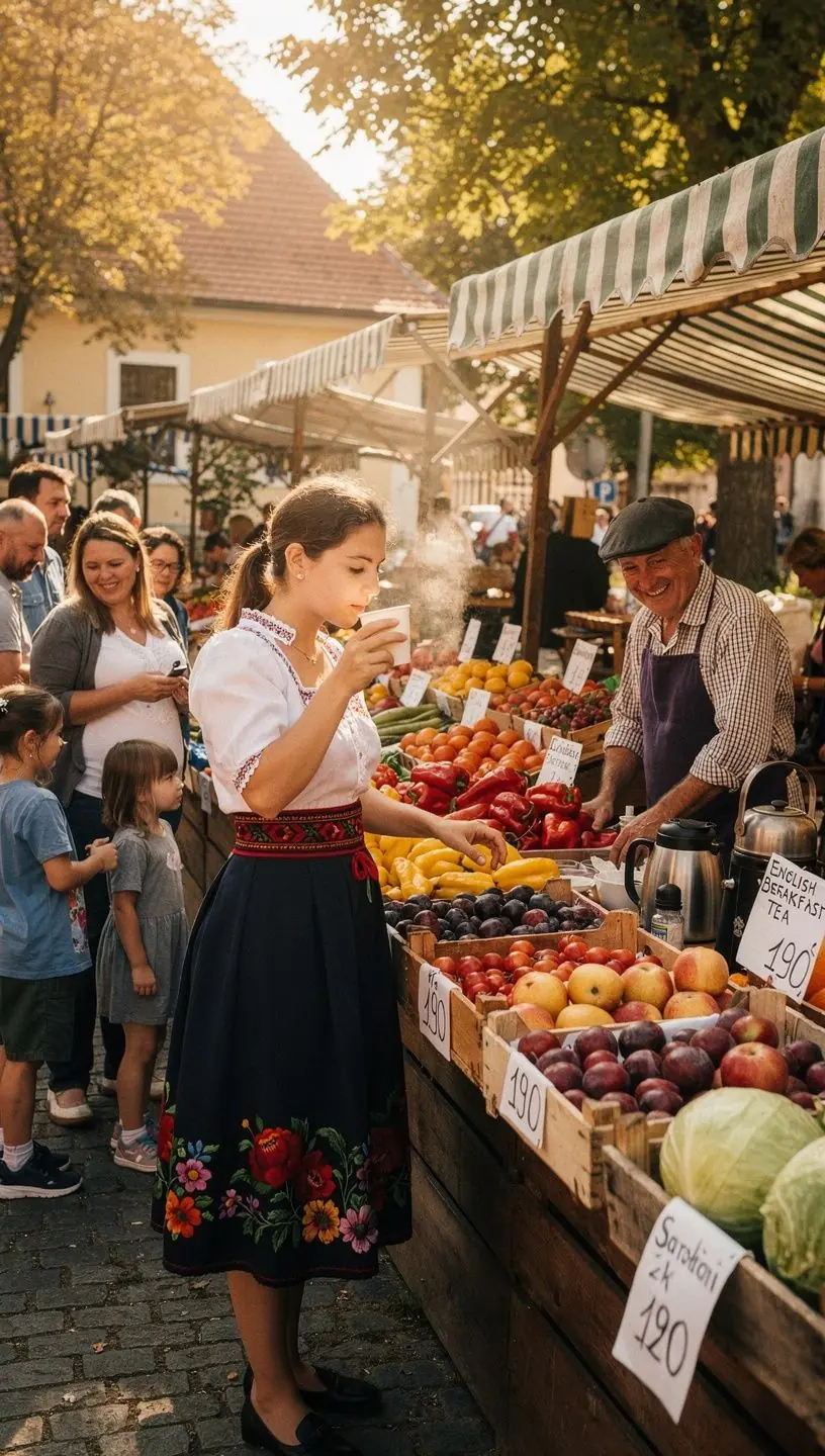 Angol reggeli tea gőzölgő csészében, mellette egy teáskanál.