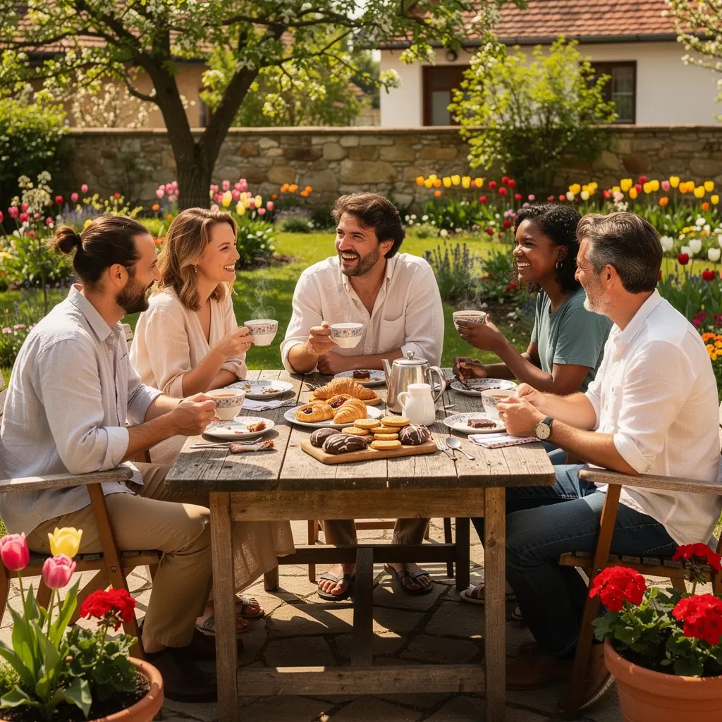 Tea idő, ahol barátok élvezik a közös pillanatokat egy csésze mellett.